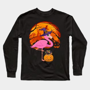 Flamingo pumpkin witch Long Sleeve T-Shirt